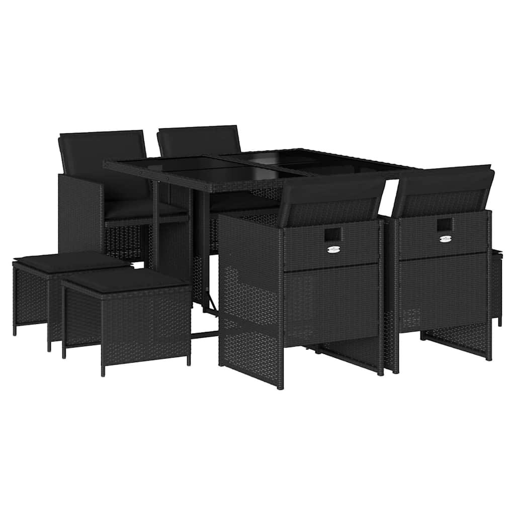 9 részes fekete polyrattan kerti étkezőgarnitúra párnákkal