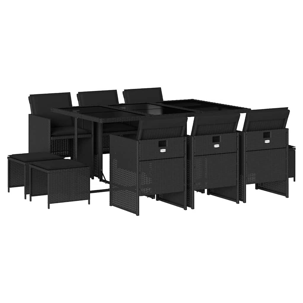 11 részes fekete polyrattan kerti étkezőgarnitúra párnákkal