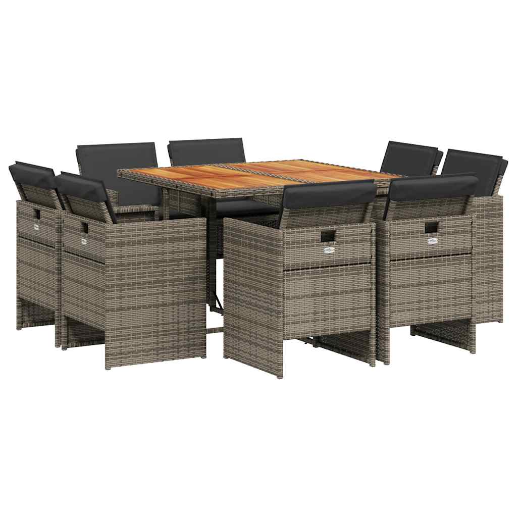 9 részes szürke polyrattan kerti étkezőgarnitúra párnával