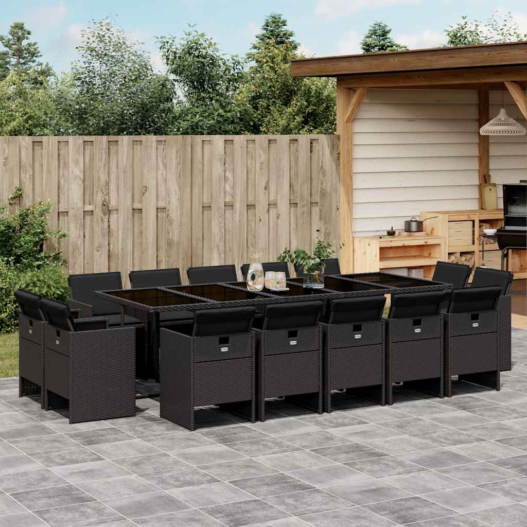 15 részes fekete polyrattan kerti étkezőgarnitúra párnákkal