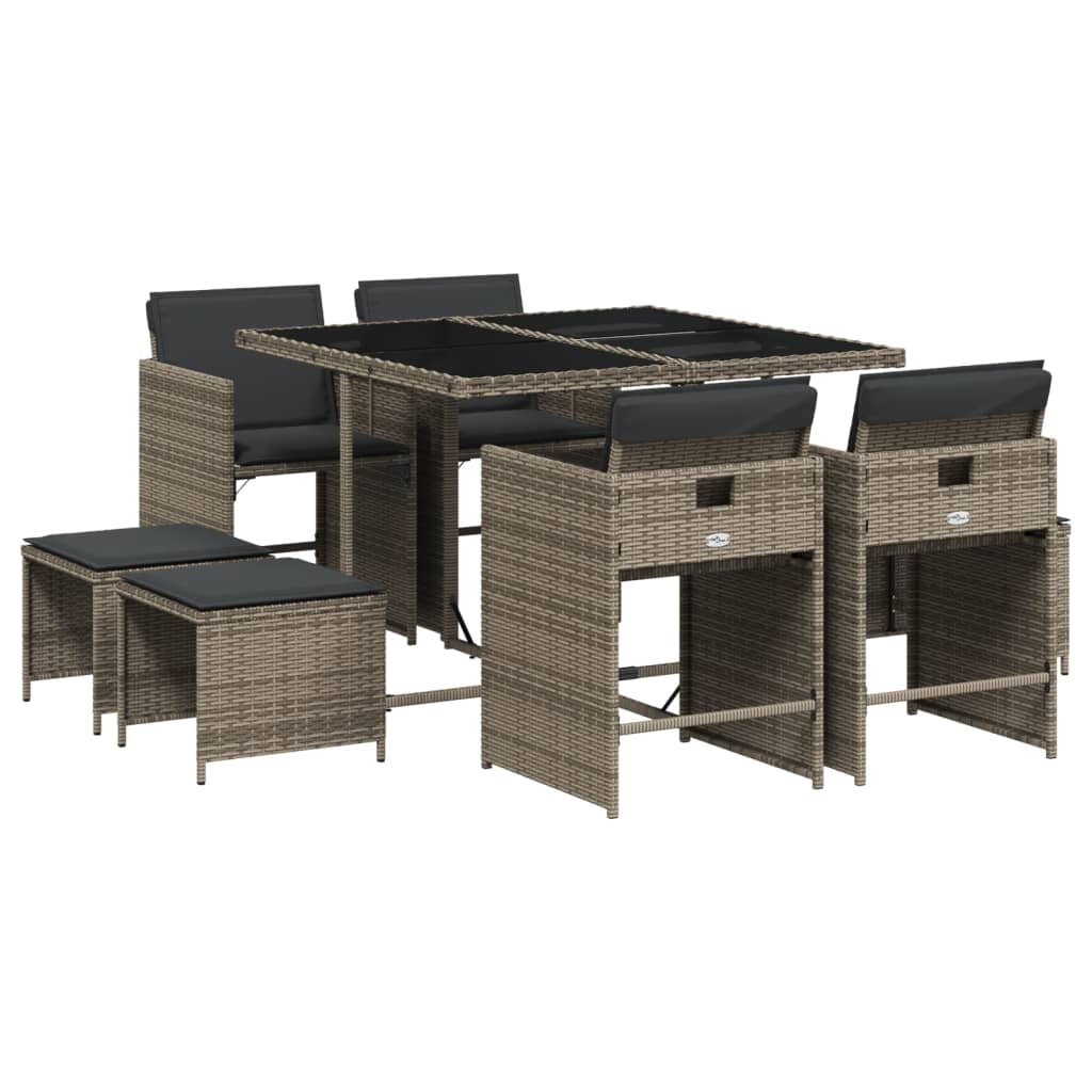 9 részes szürke polyrattan kerti étkezőgarnitúra párnával