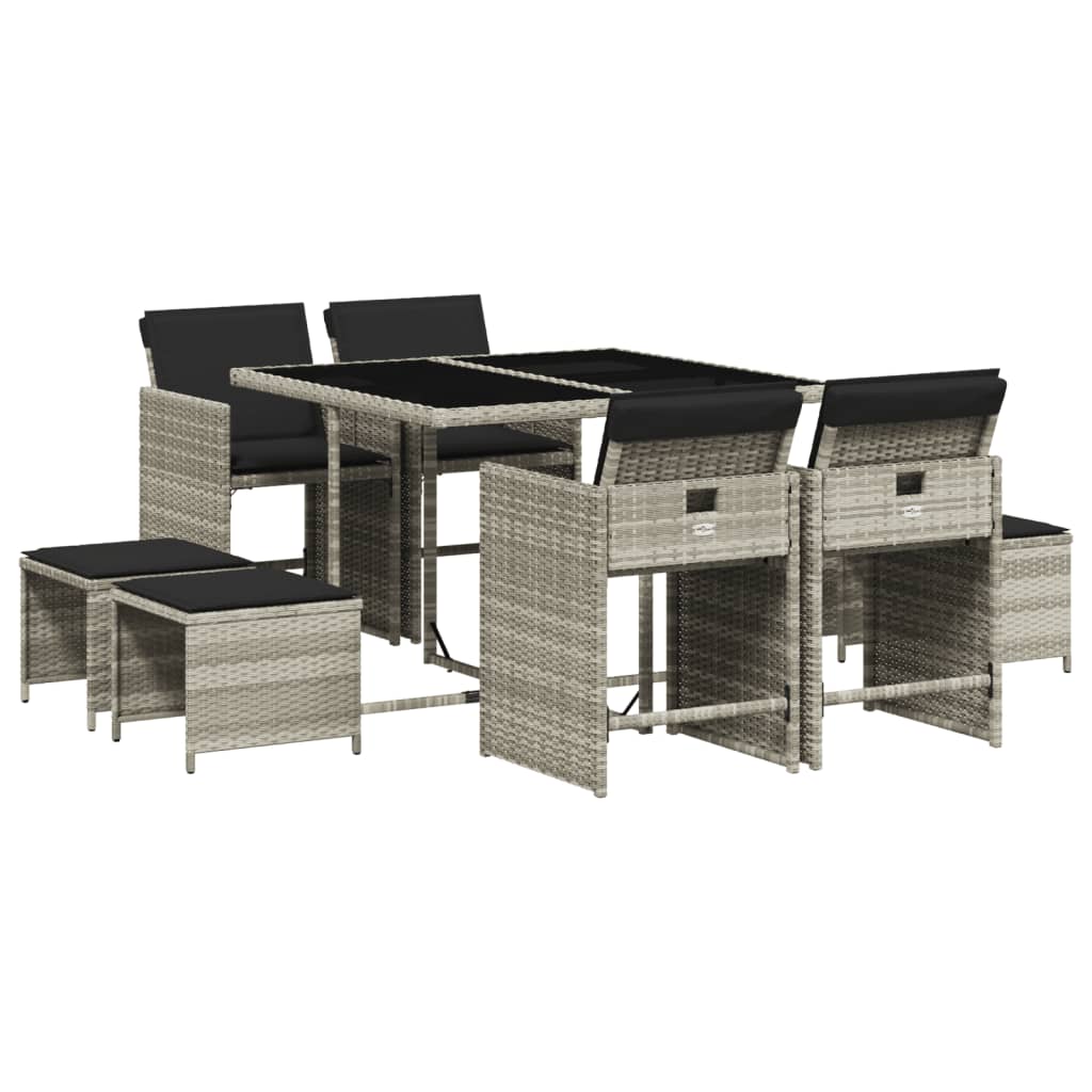 9részes világosszürke polyrattan kerti étkezőgarnitúra párnával