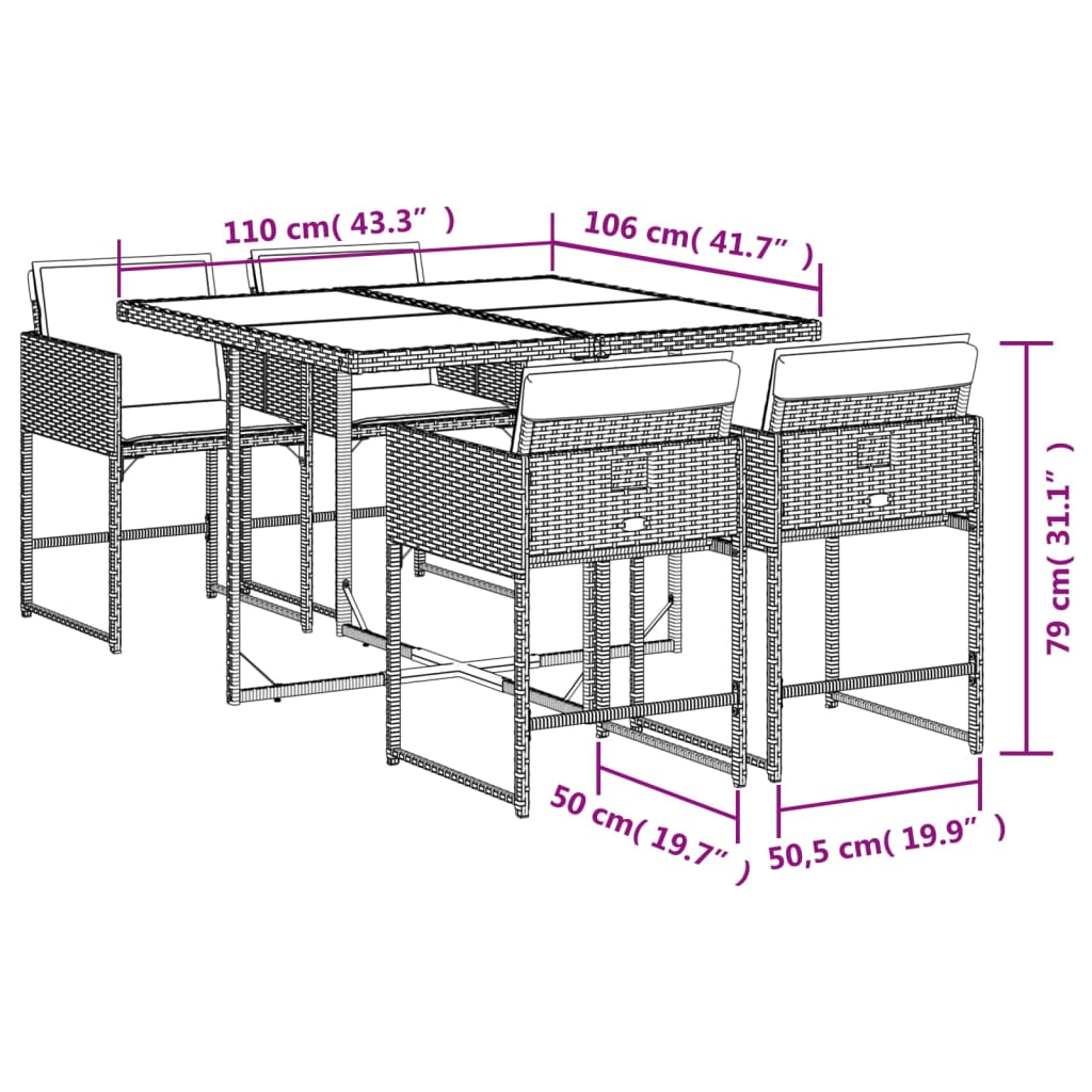 5 db szürke polyrattan kerti étkezőgarnitúra párnákkal