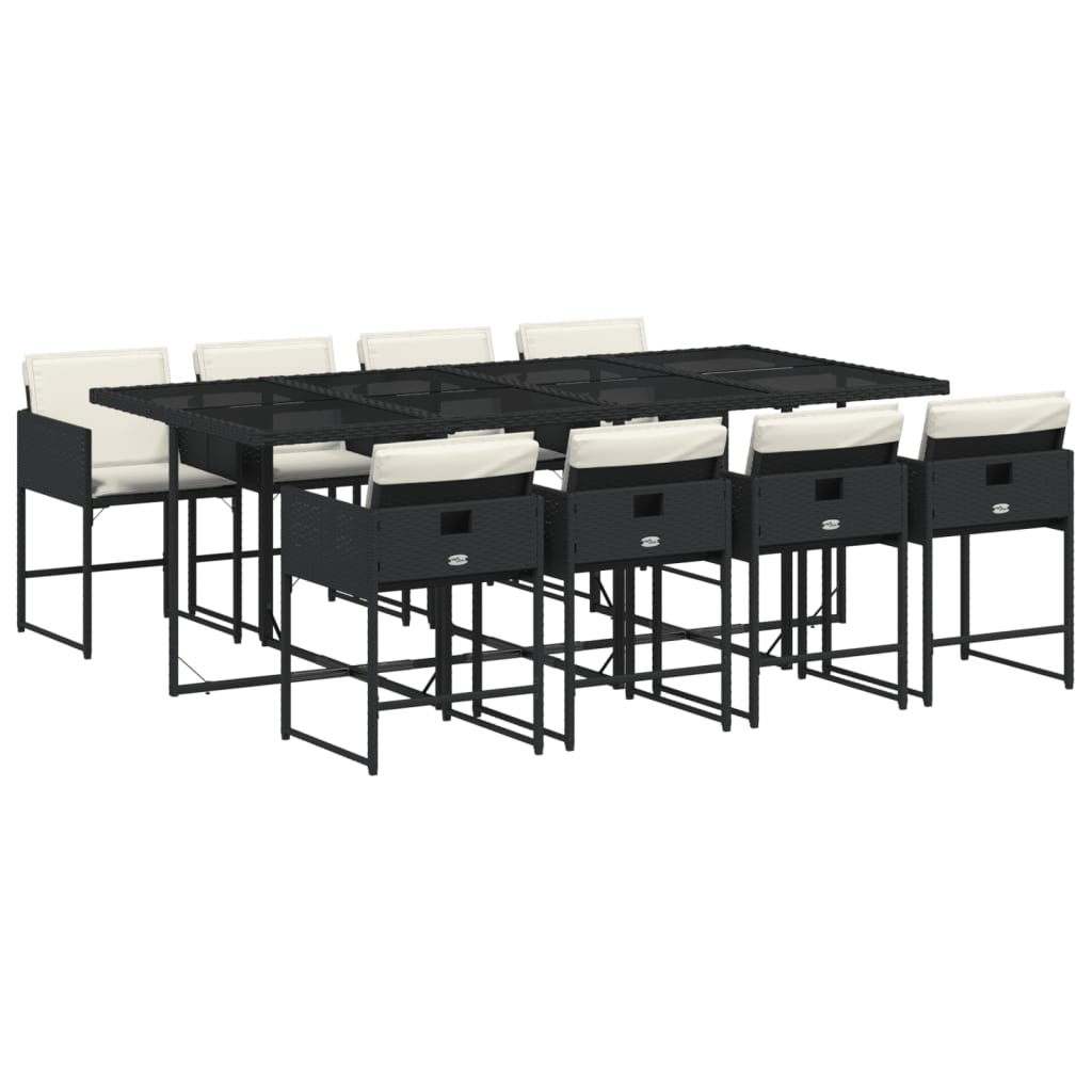 9 részes fekete polyrattan kerti étkezőgarnitúra párnákkal