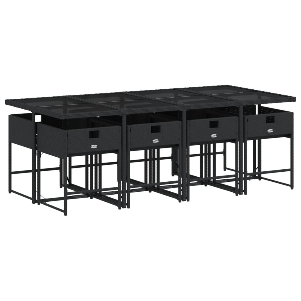 9 részes fekete polyrattan kerti étkezőgarnitúra párnákkal