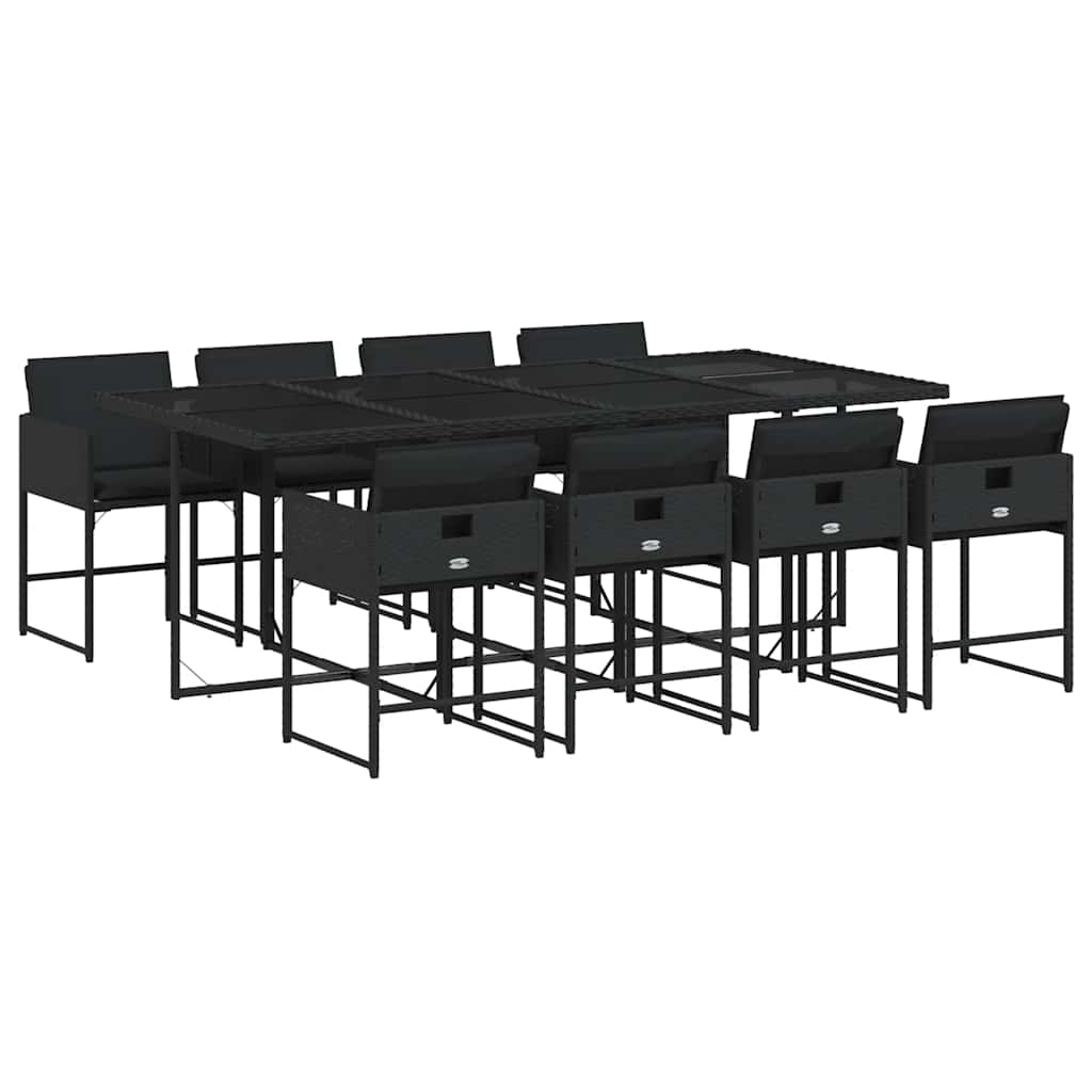 9 részes fekete polyrattan kerti étkezőgarnitúra párnákkal