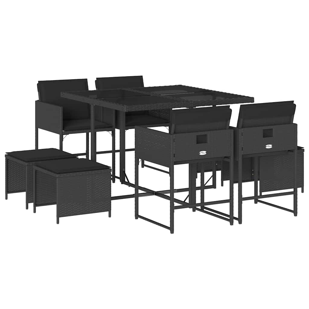 9 részes fekete polyrattan kerti étkezőgarnitúra párnákkal