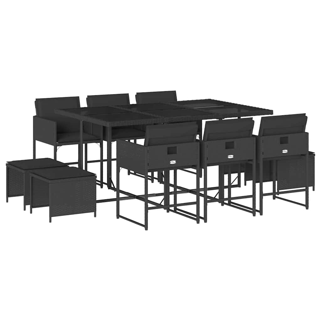 11 részes fekete polyrattan kerti étkezőgarnitúra párnákkal