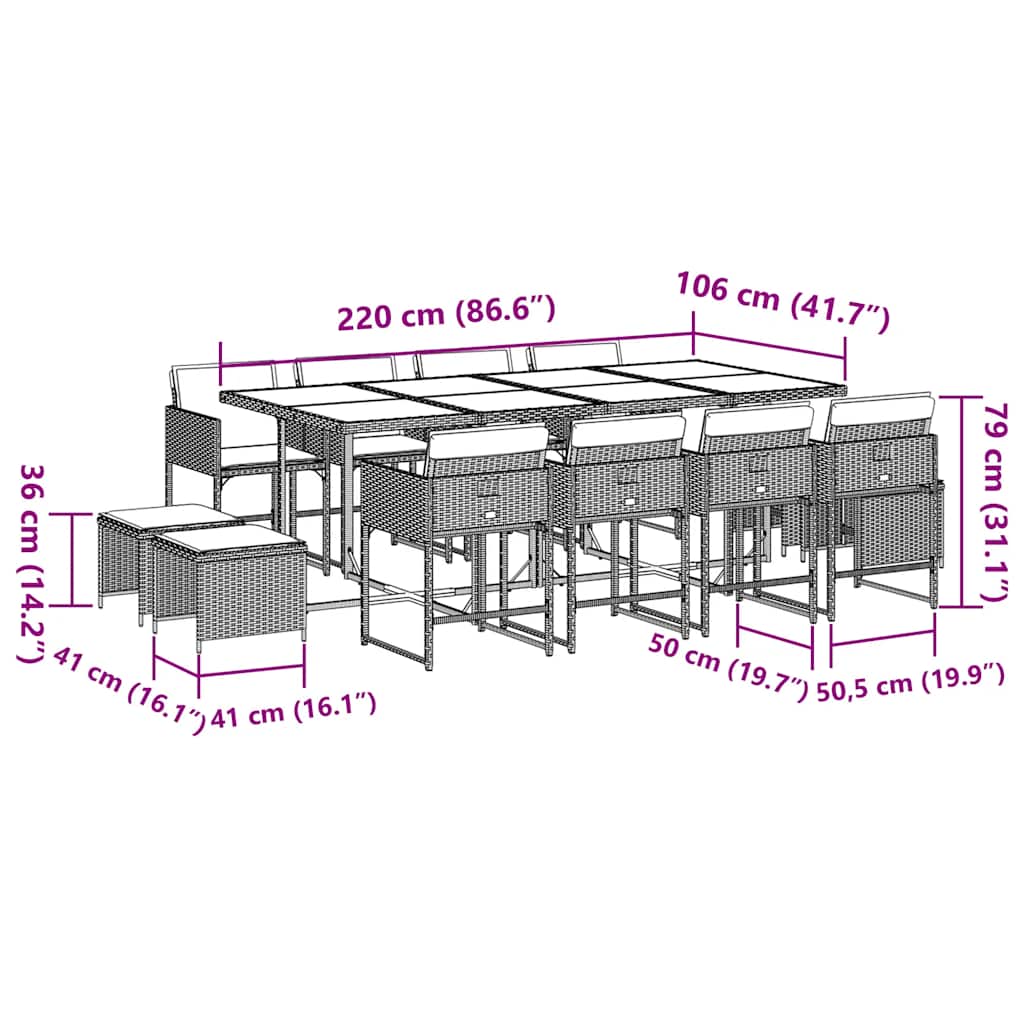 13 részes szürke polyrattan kerti étkezőgarnitúra párnákkal