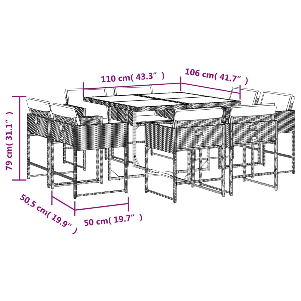 9 részes szürke polyrattan kerti étkezőgarnitúra párnával
