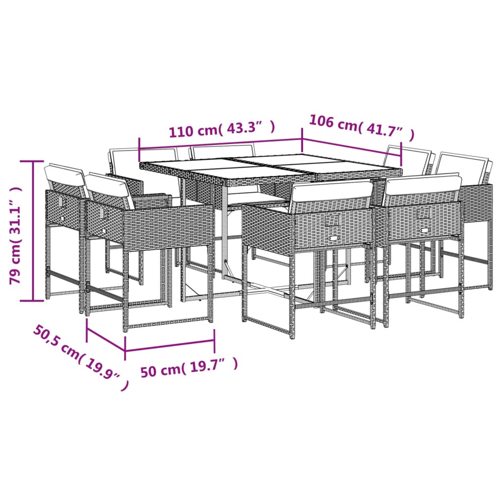 9 db szürke polyrattan kerti étkezőgarnitúra párnákkal