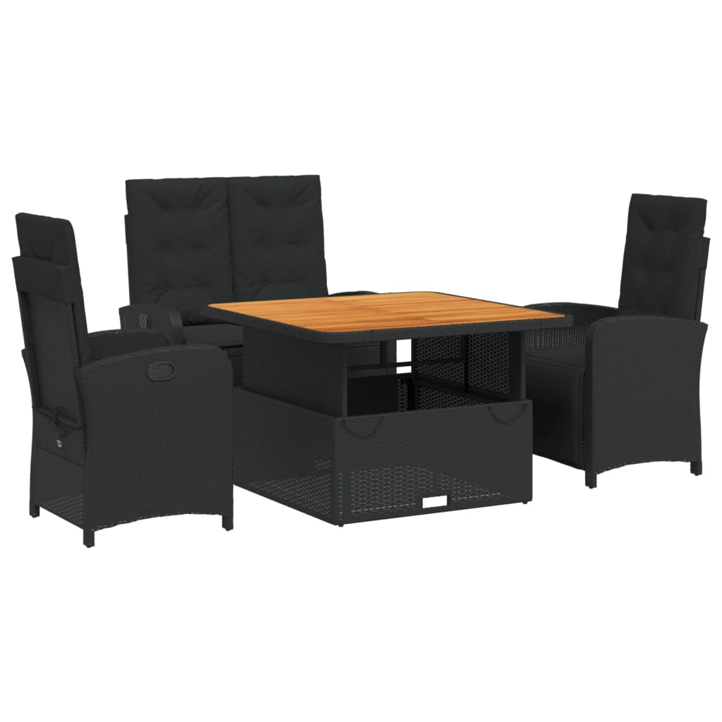 4 részes fekete polyrattan kerti étkezőszett párnákkal