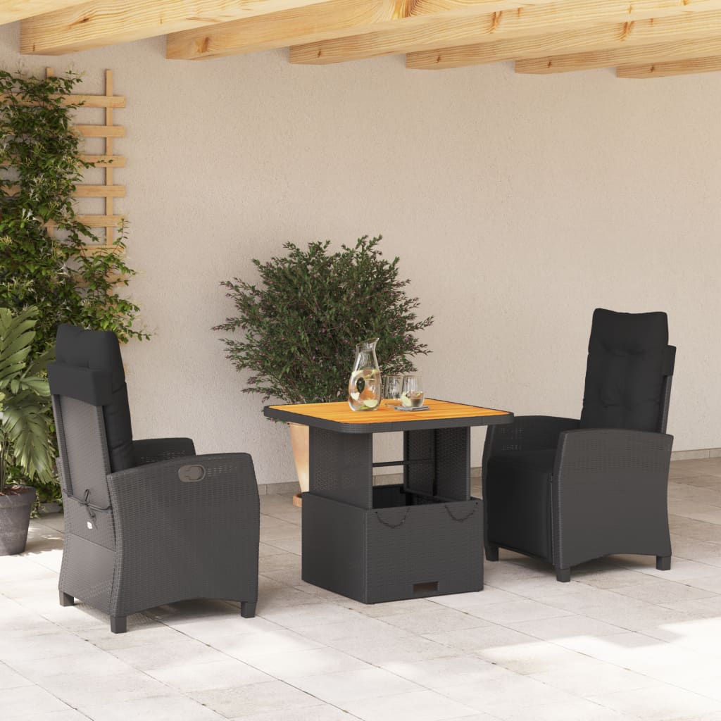 3 részes fekete polyrattan kerti étkezőgarnitúra párnákkal