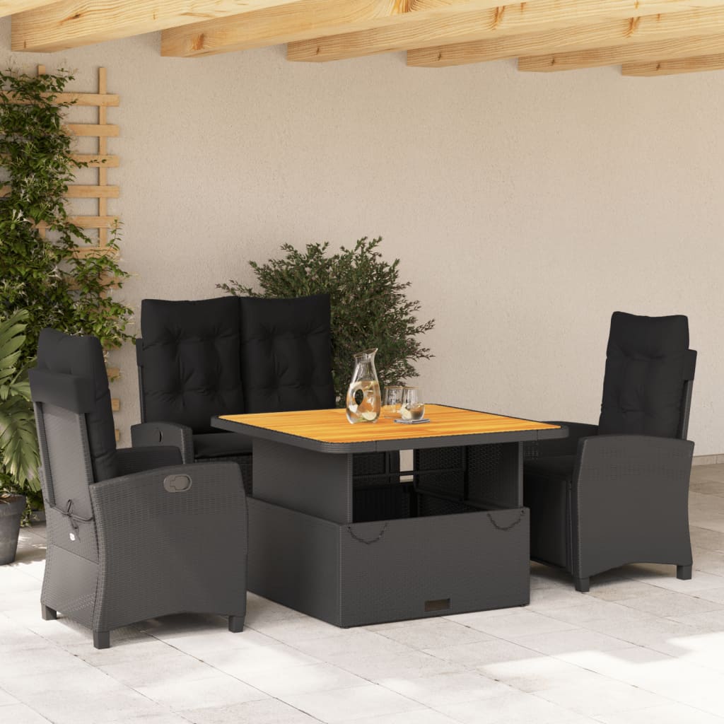 4 részes fekete polyrattan kerti étkezőszett párnákkal