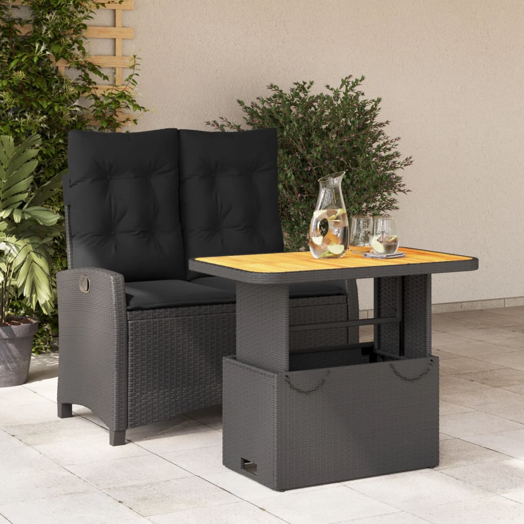 2 részes fekete polyrattan kerti étkezőgarnitúra párnával