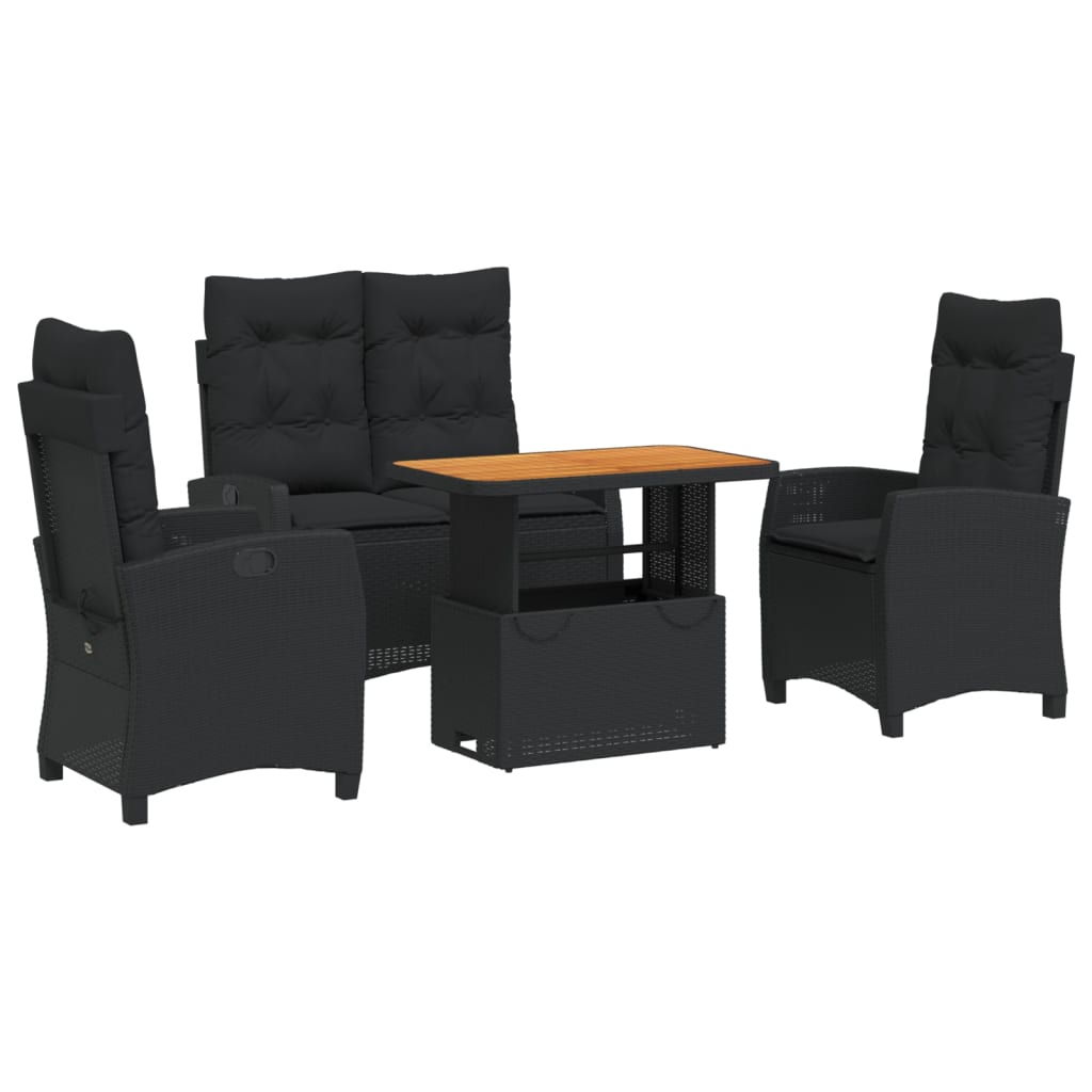 4 részes fekete polyrattan kerti étkezőszett párnákkal