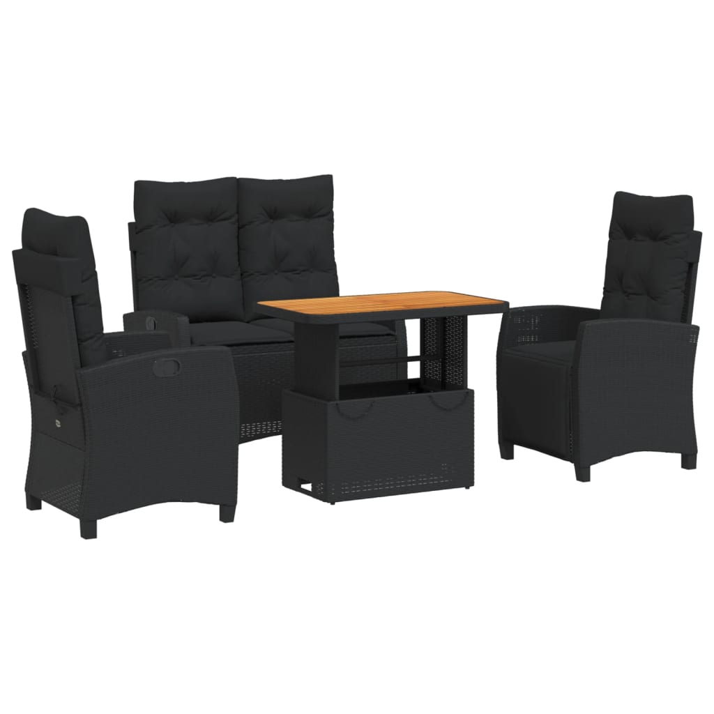4 részes fekete polyrattan kerti étkezőszett párnákkal