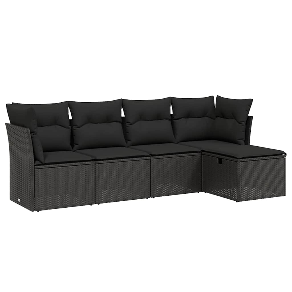 5 részes fekete polyrattan kerti kanapészett párnákkal