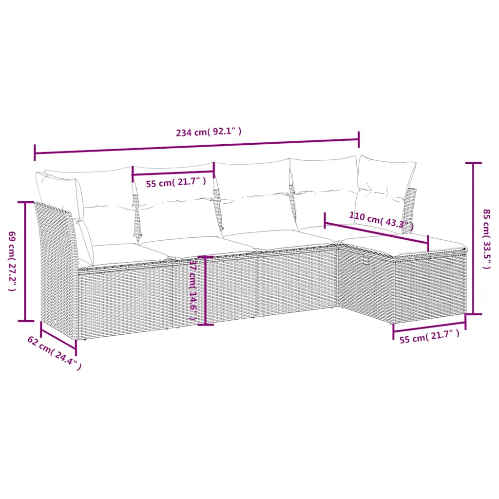 5 részes fekete polyrattan kerti kanapészett párnákkal