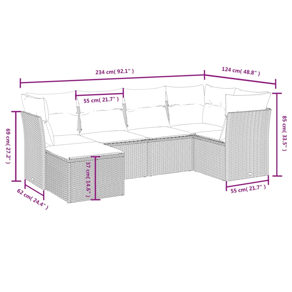 6 részes világosszürke polyrattan kerti ülőgarnitúra párnákkal