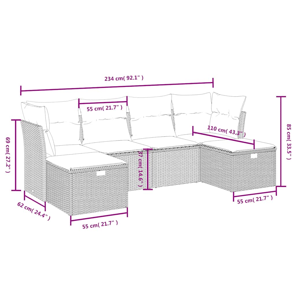 6 részes fekete polyrattan kerti ülőgarnitúra párnákkal