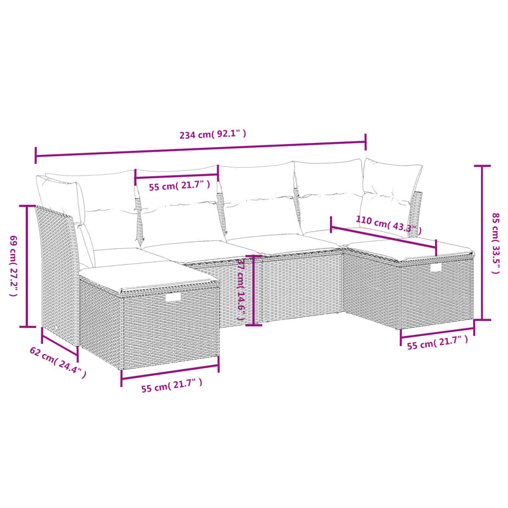 6 részes világosszürke polyrattan kerti ülőgarnitúra párnákkal