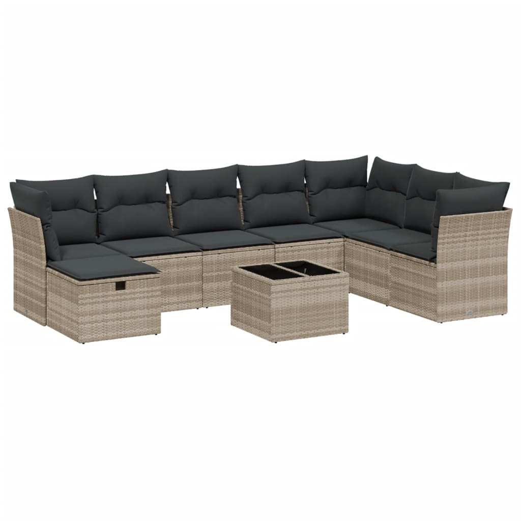 9 részes világosszürke polyrattan kerti ülőgarnitúra párnával