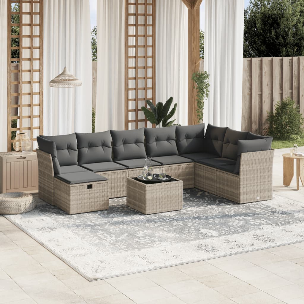 9 részes világosszürke polyrattan kerti ülőgarnitúra párnával