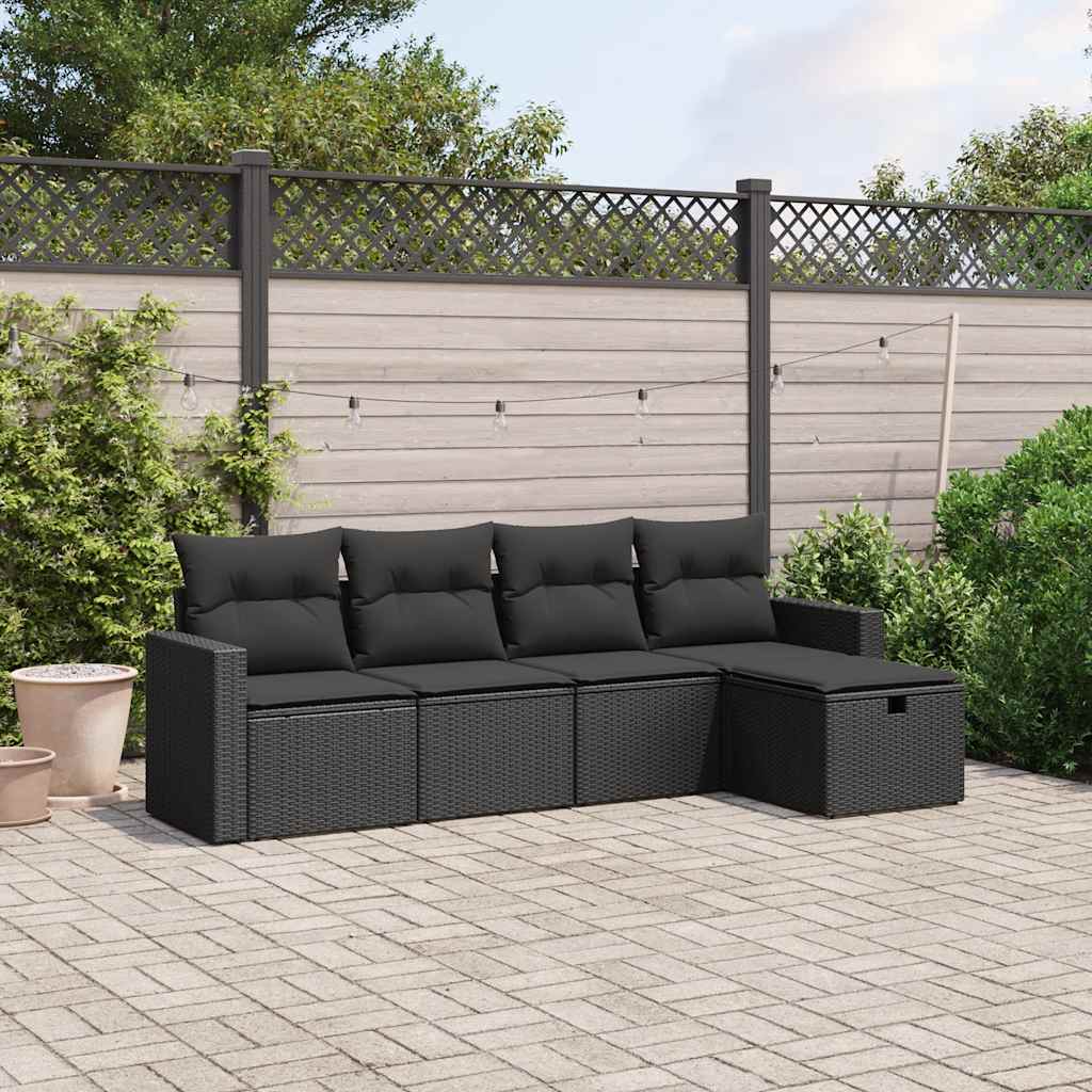5 részes fekete polyrattan kerti kanapészett párnákkal