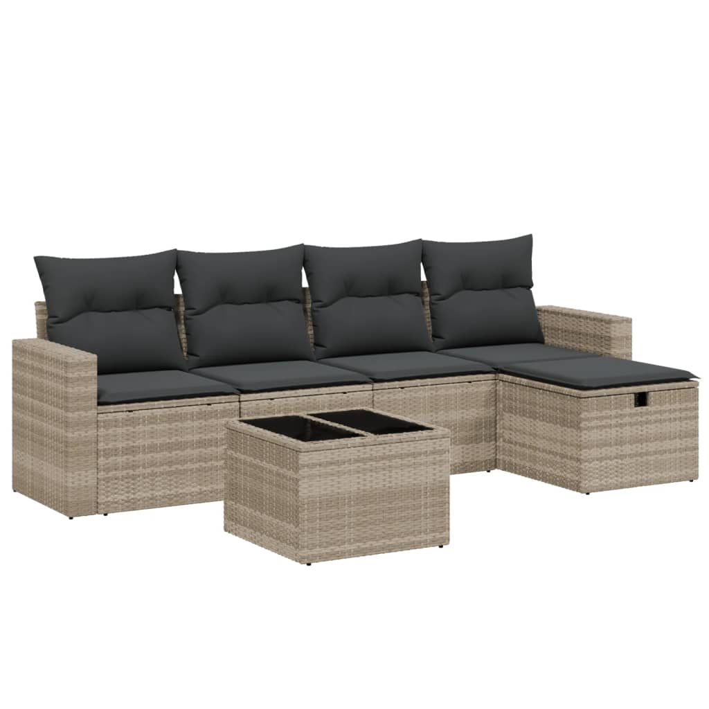 6 részes világosszürke polyrattan kerti ülőgarnitúra párnákkal
