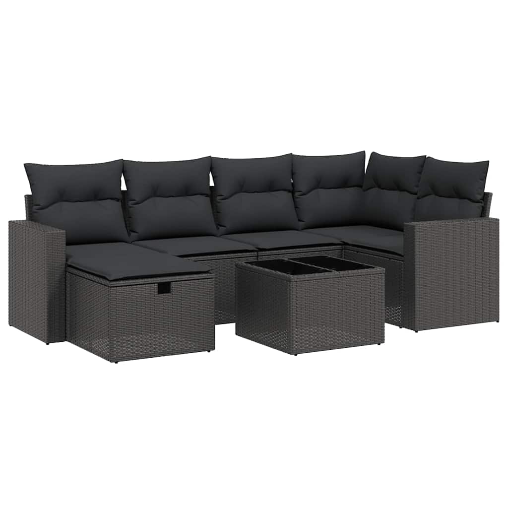 7 részes fekete polyrattan kerti ülőgarnitúra párnával