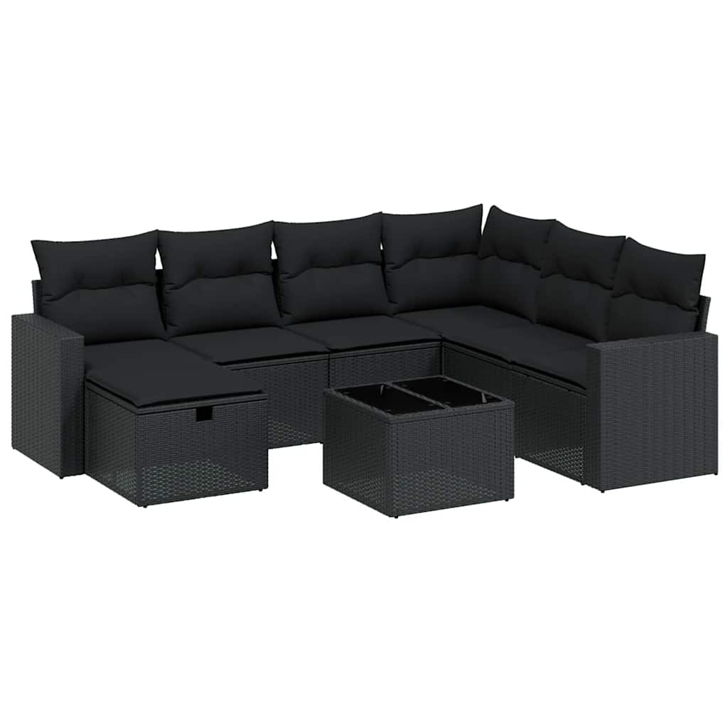 8 részes fekete polyrattan kerti ülőgarnitúra párnákkal