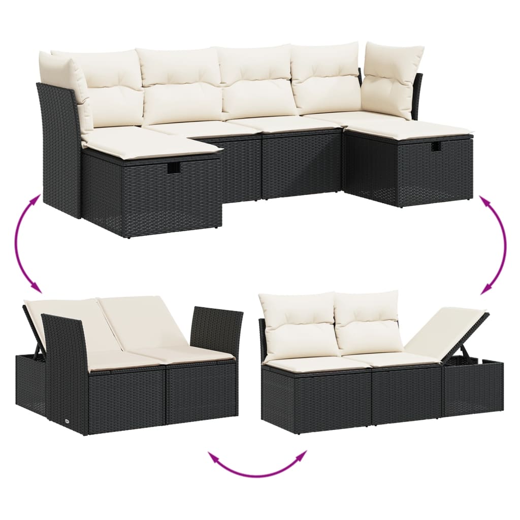 6 részes fekete polyrattan kerti ülőgarnitúra párnákkal