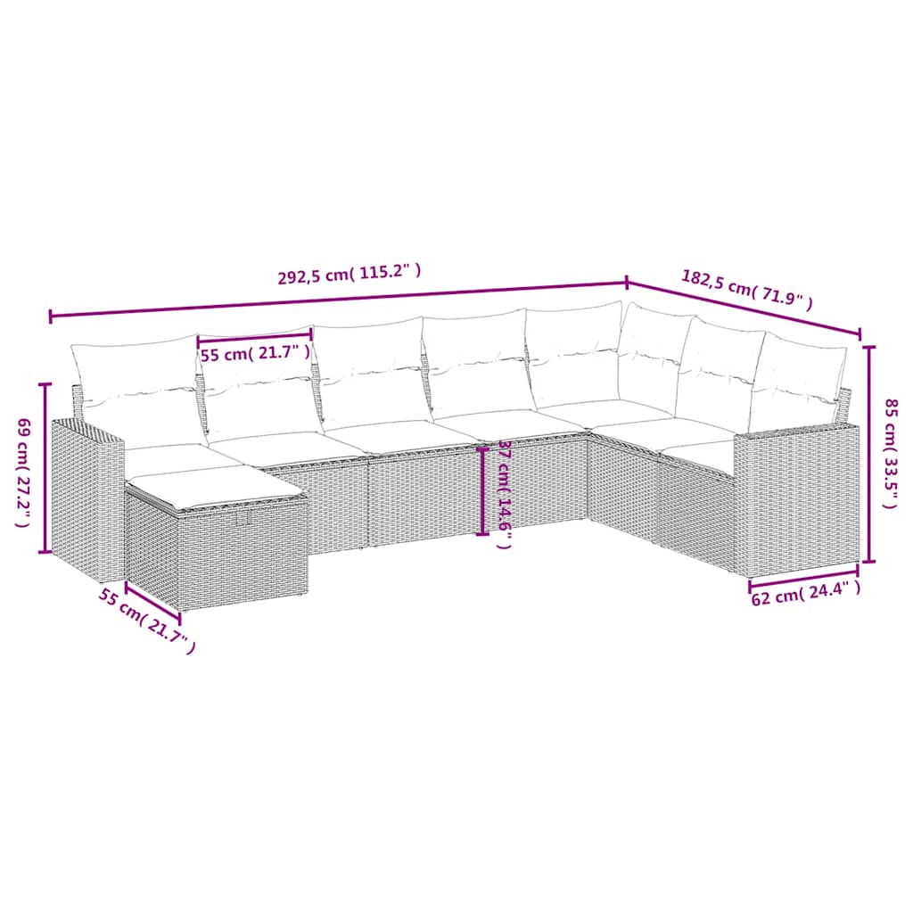 8 részes fekete polyrattan kerti ülőgarnitúra párnákkal
