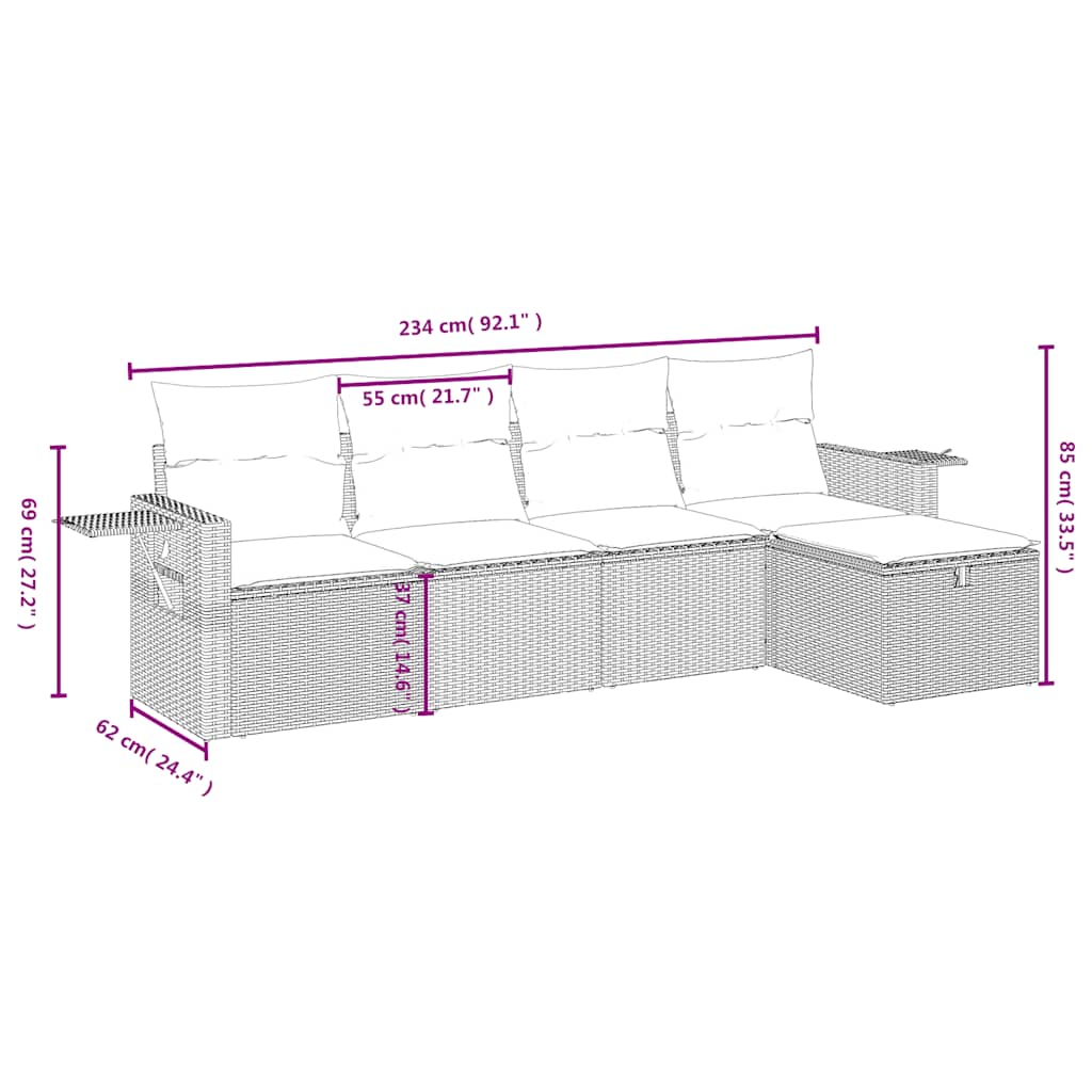 5 részes világosszürke polyrattan kerti ülőgarnitúra párnákkal