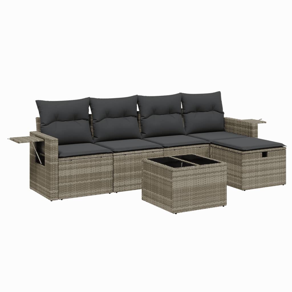 6 részes világosszürke polyrattan kerti ülőgarnitúra párnákkal