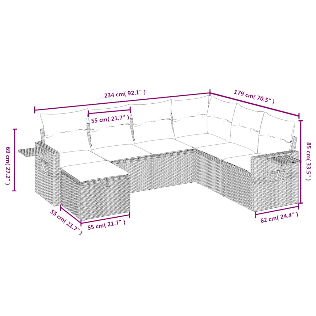 7 részes fekete polyrattan kerti ülőgarnitúra párnával
