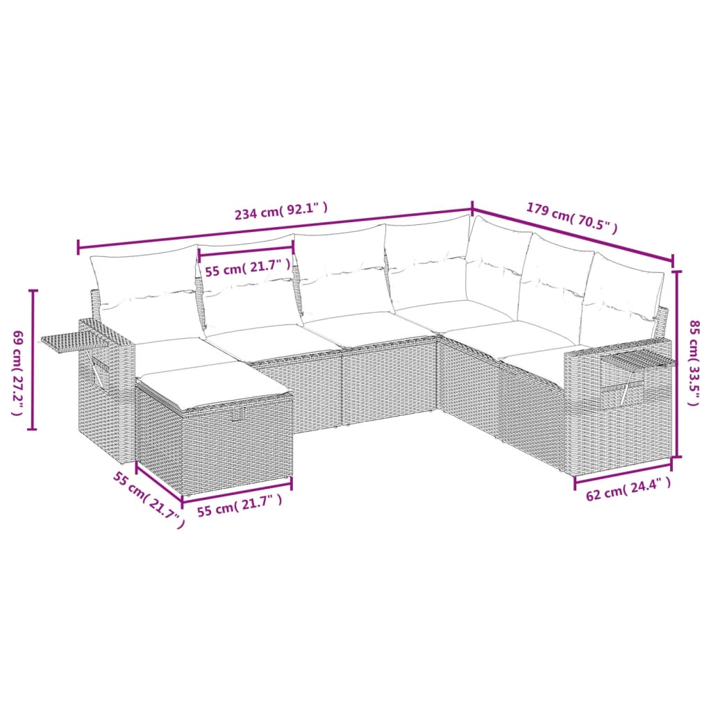 7 részes világosszürke polyrattan kerti ülőgarnitúra párnákkal