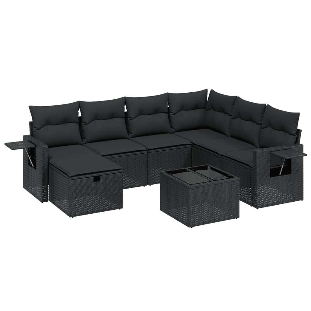 8 részes fekete polyrattan kerti ülőgarnitúra párnákkal