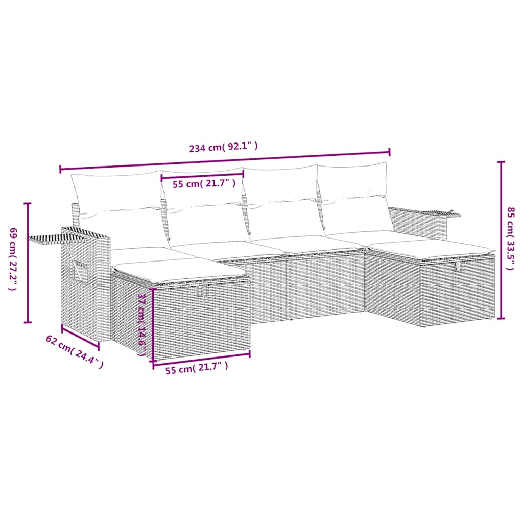 6 részes fekete polyrattan kerti ülőgarnitúra párnákkal