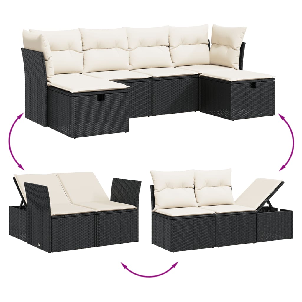 6 részes fekete polyrattan kerti ülőgarnitúra párnákkal