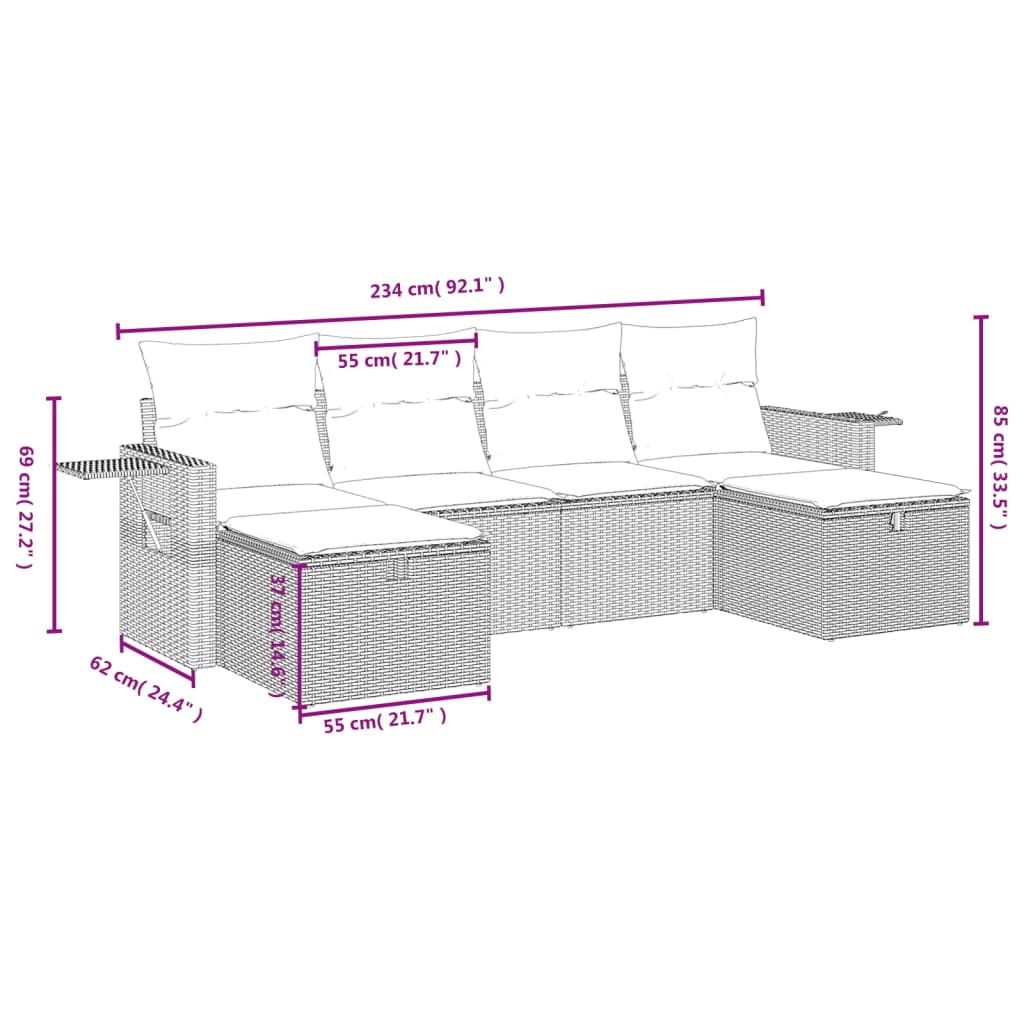6 részes világosszürke polyrattan kerti ülőgarnitúra párnákkal