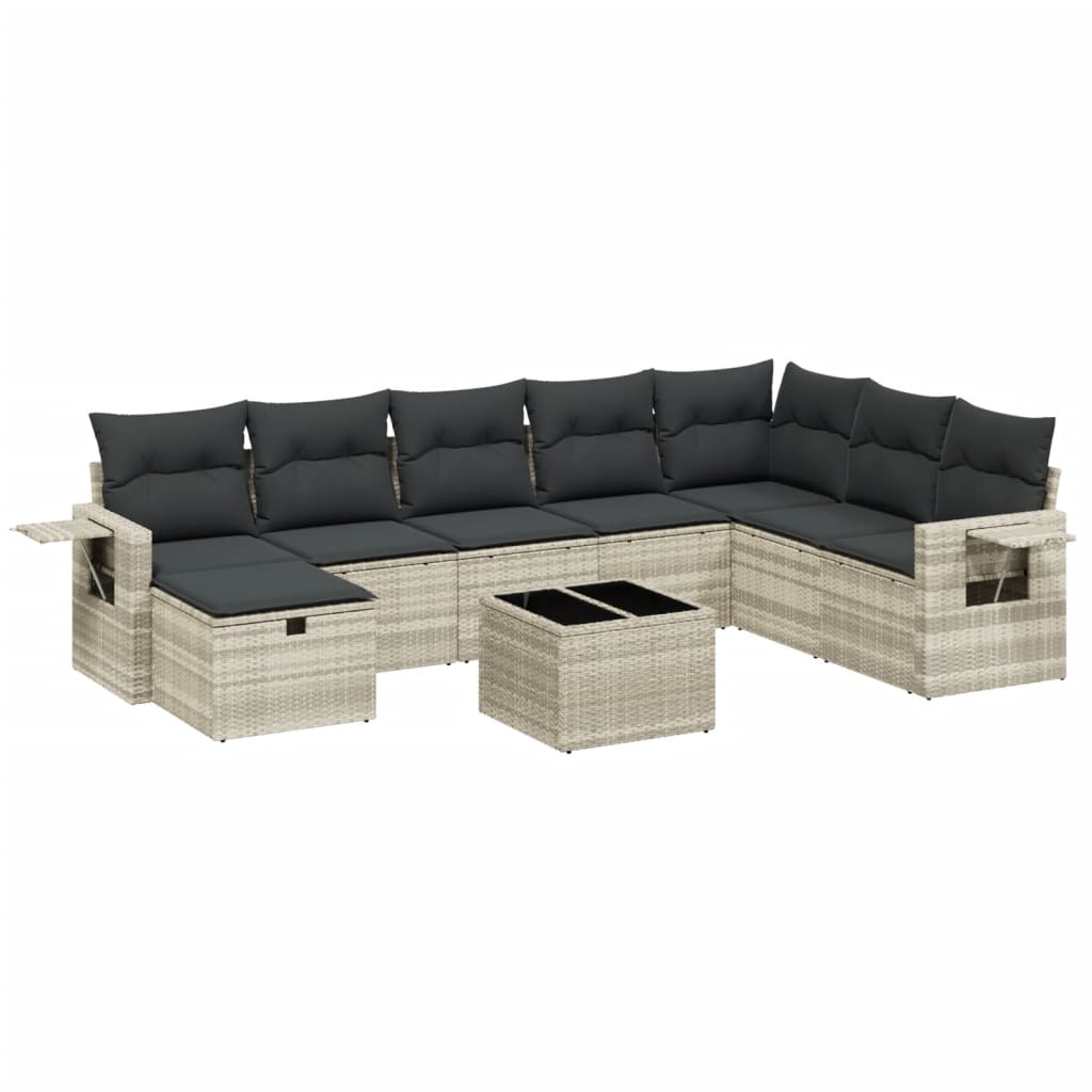 9 részes világosszürke polyrattan kerti ülőgarnitúra párnával