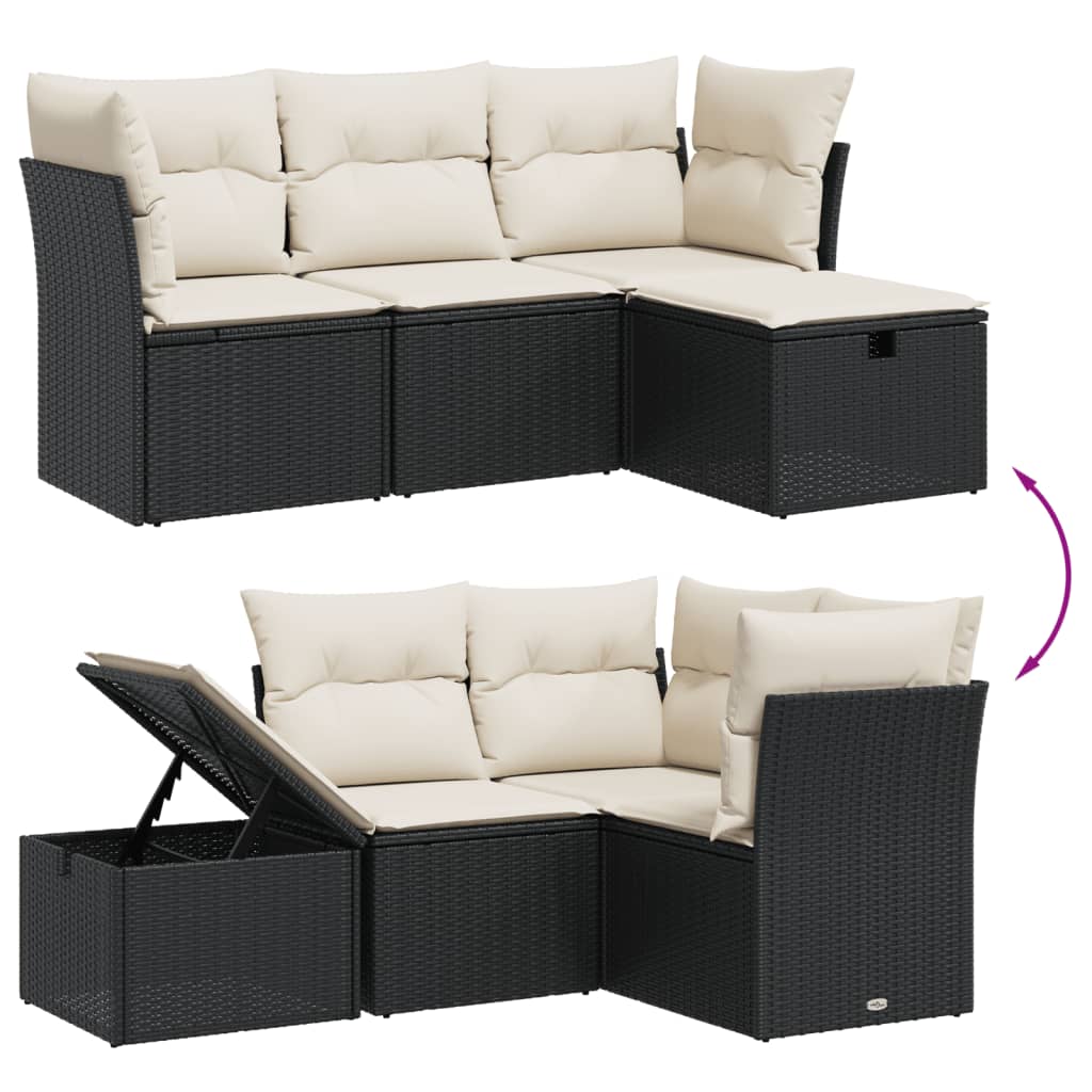 4 részes fekete polyrattan kerti ülőgarnitúra párnákkal