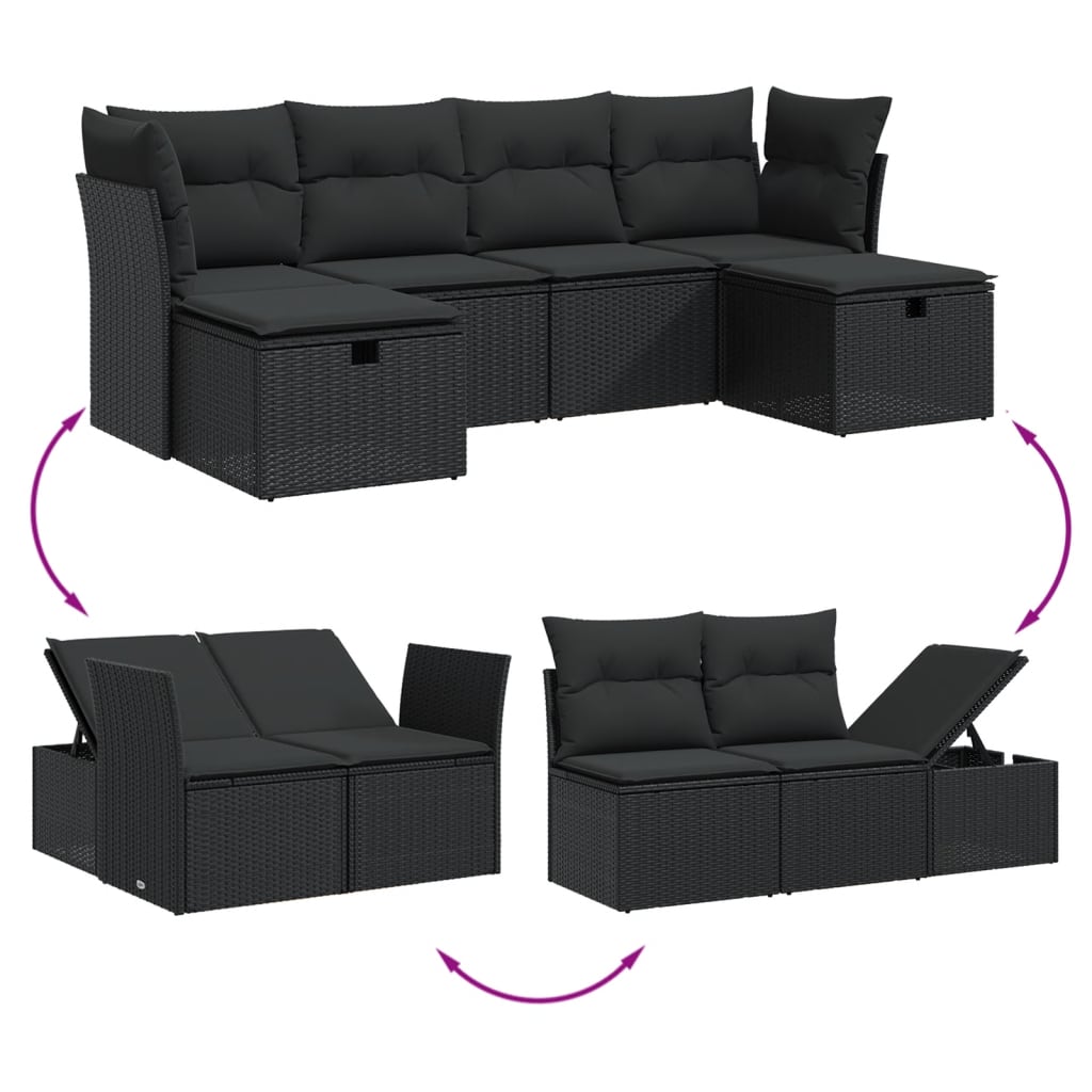 6 részes fekete polyrattan kerti ülőgarnitúra párnákkal