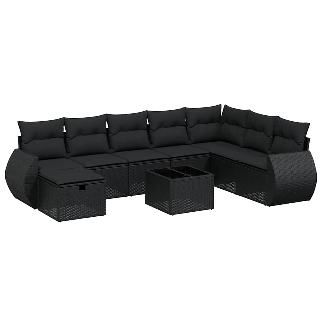 9 részes fekete polyrattan kerti ülőgarnitúra párnákkal