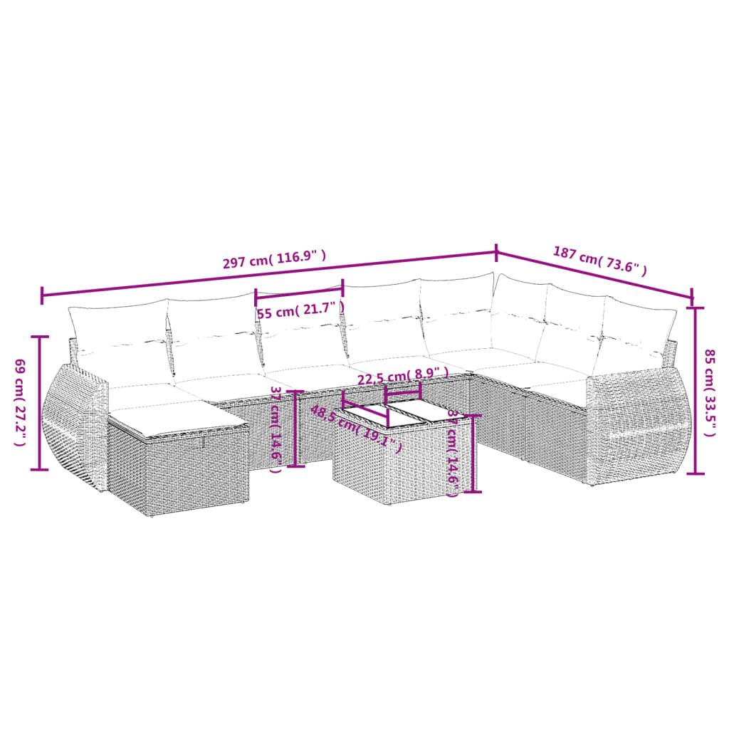 9 részes bézs polyrattan kerti ülőgarnitúra párnákkal