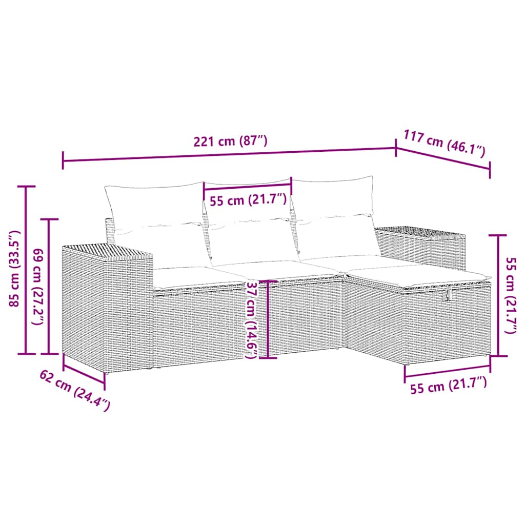 4 részes világosszürke polyrattan kerti ülőgarnitúra párnákkal