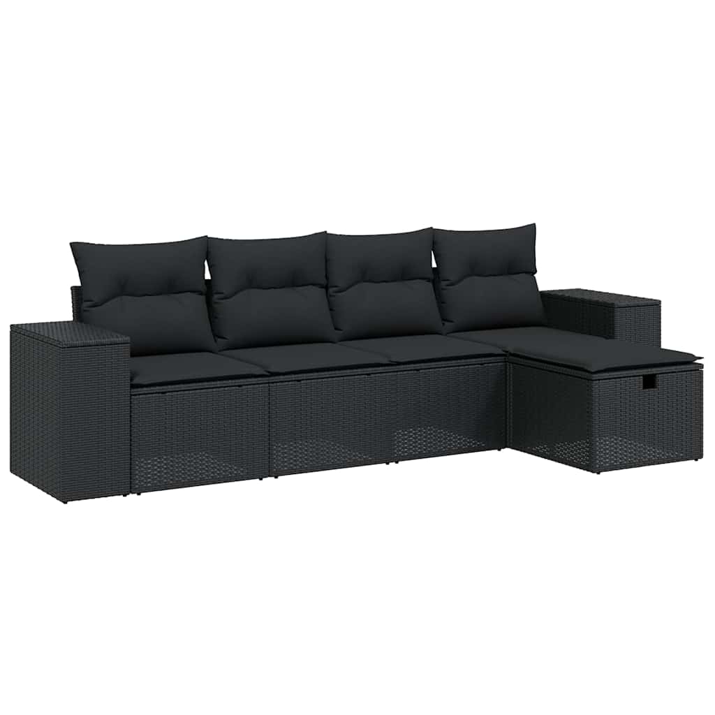 5 részes fekete polyrattan kerti kanapészett párnákkal