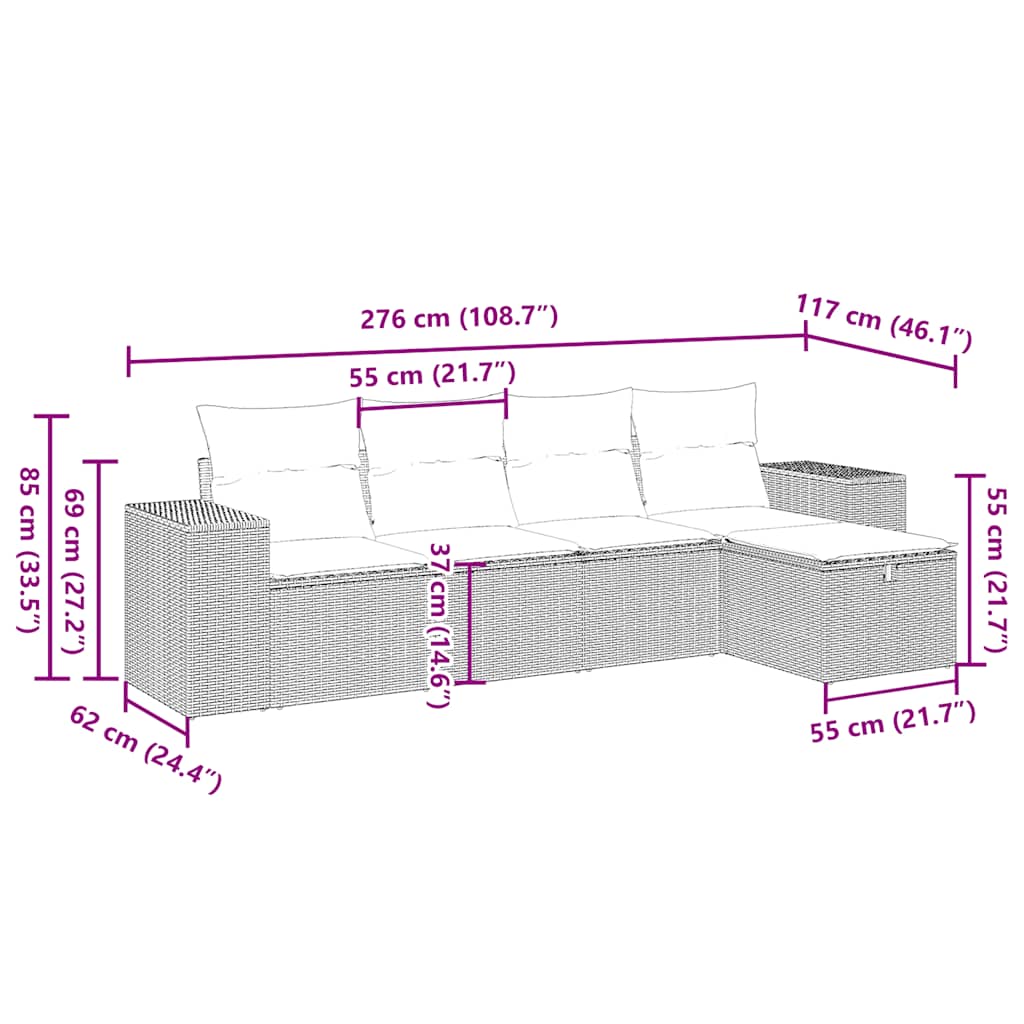 5 részes világosszürke polyrattan kerti ülőgarnitúra párnákkal